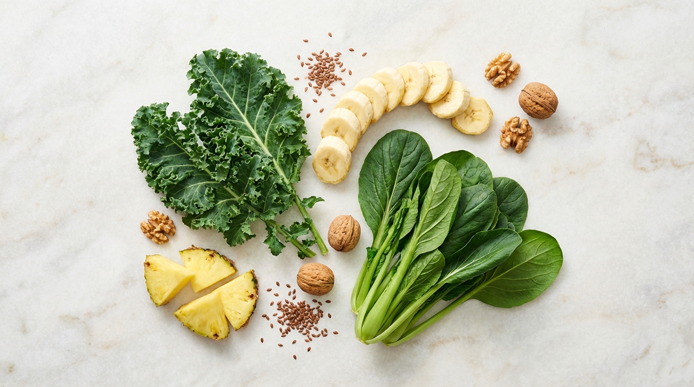 製作綠拿鐵的豐富食材俯拍