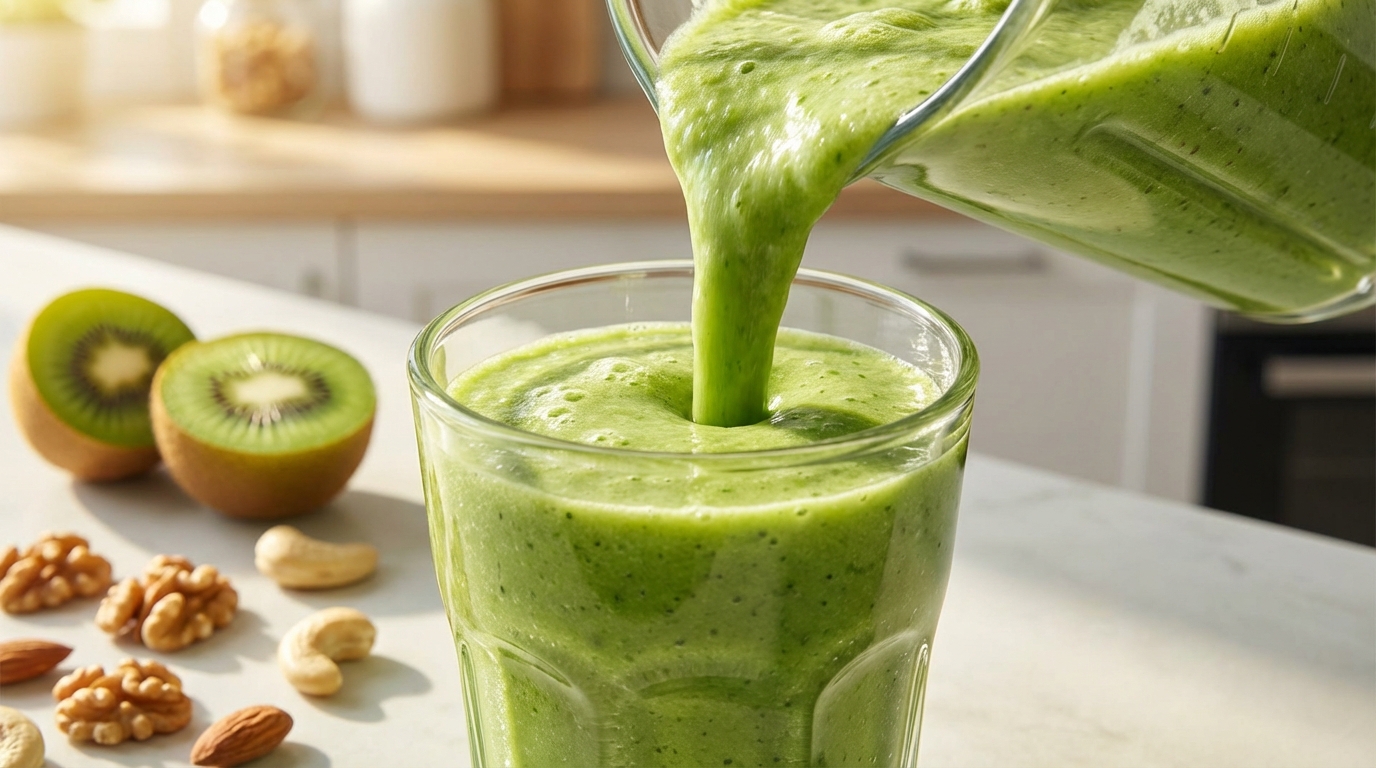 倒出鮮綠拿鐵的動態特寫