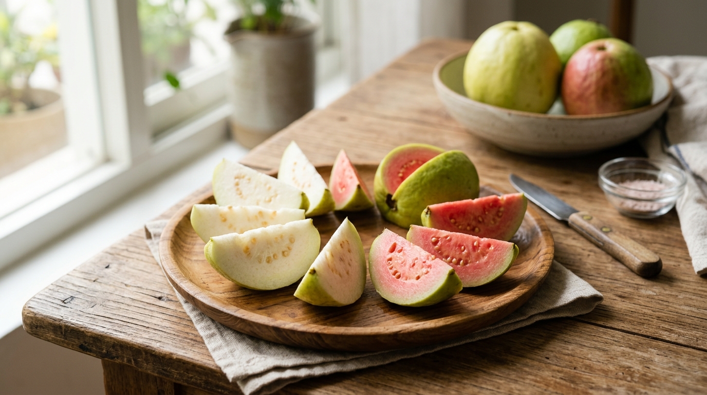 台灣新鮮珍珠芭樂與紅心芭樂切片