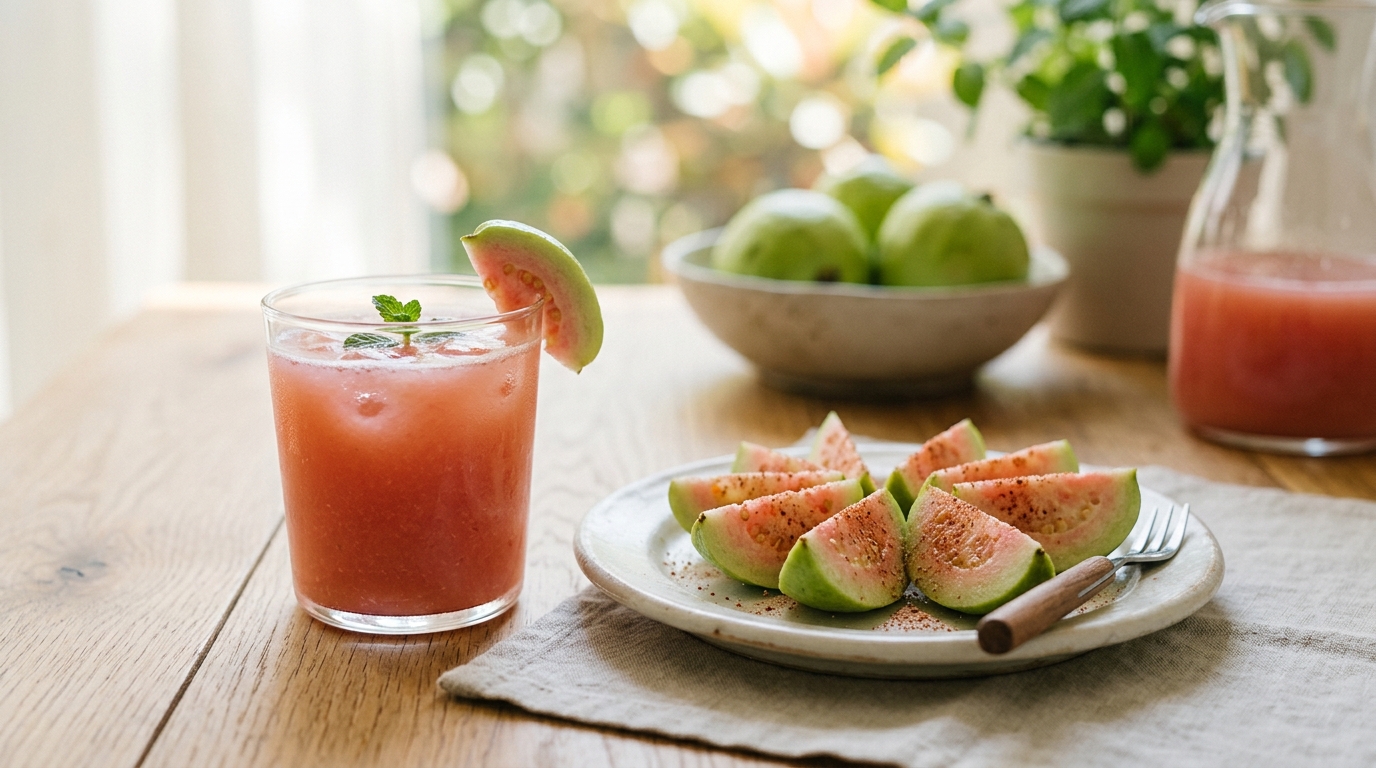 新鮮芭樂汁與切片搭配梅粉