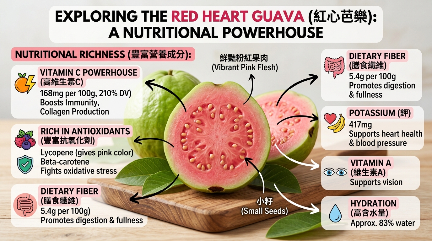 紅心芭樂橫切面與營養標註圖