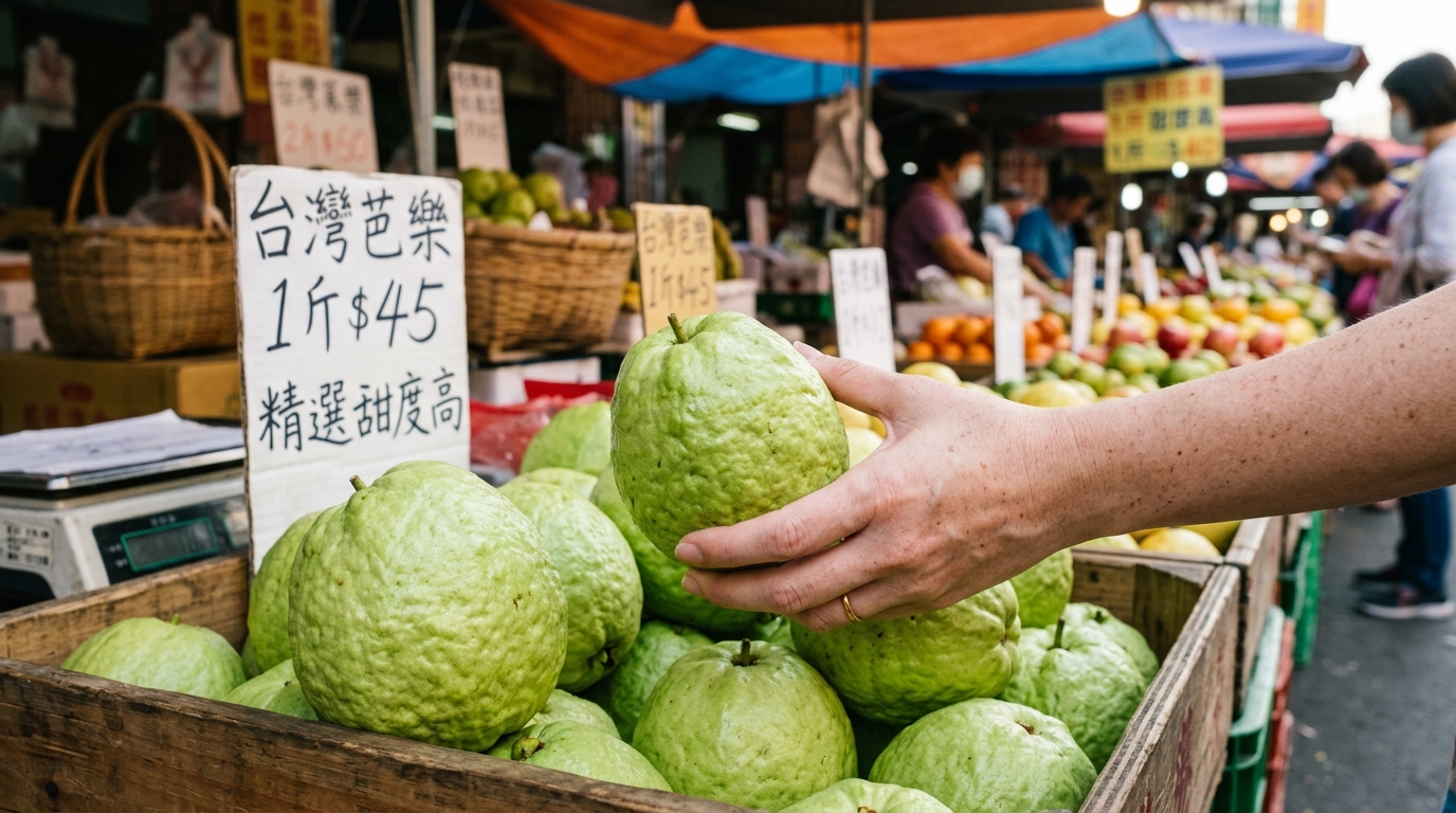 手部在市場挑選芭樂的特寫，強調紋路