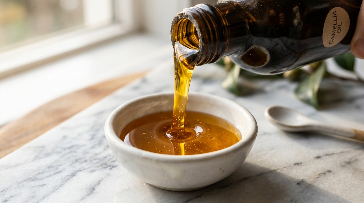 倒入白色陶碗的金黃苦茶油特寫