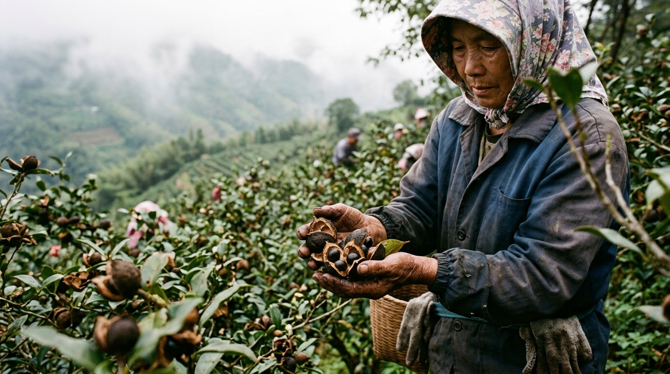 台灣山坡採收油茶籽情境